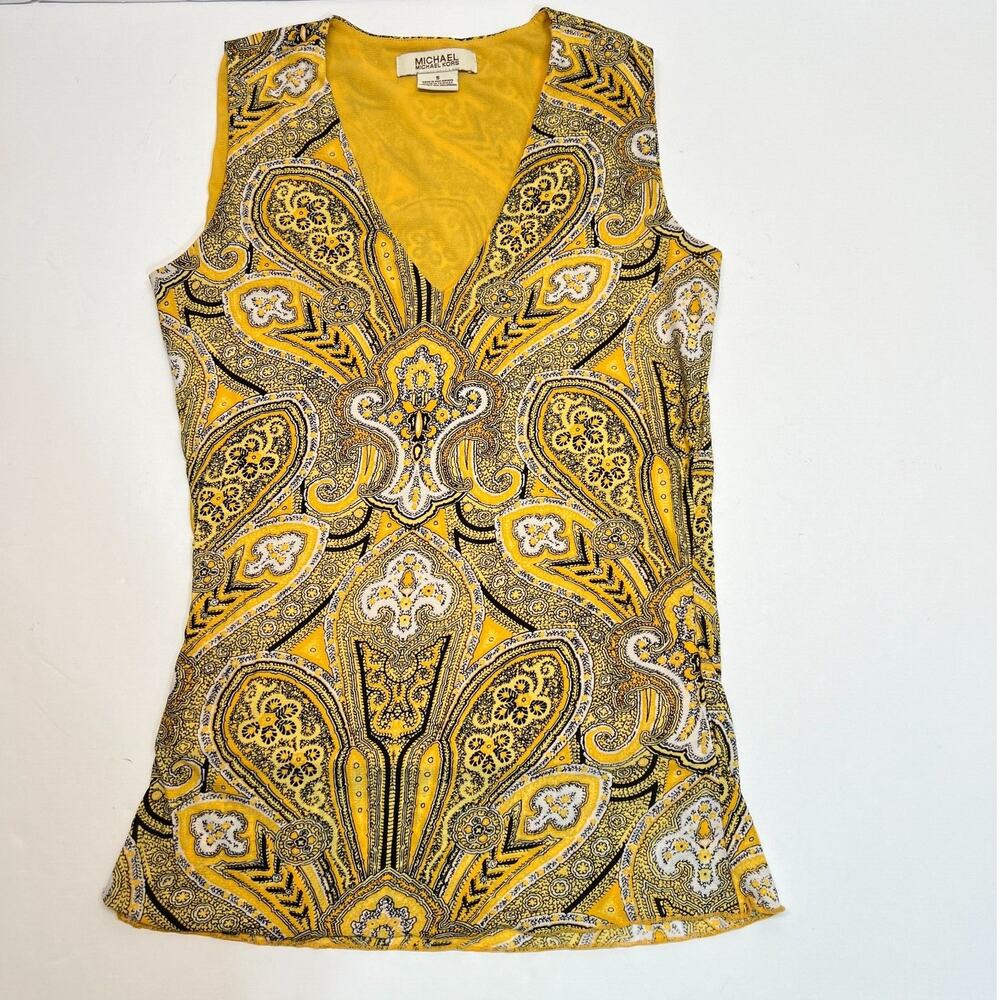Michael Kors Womens Tank Top Paisley Design Lined Yellow, Sz S